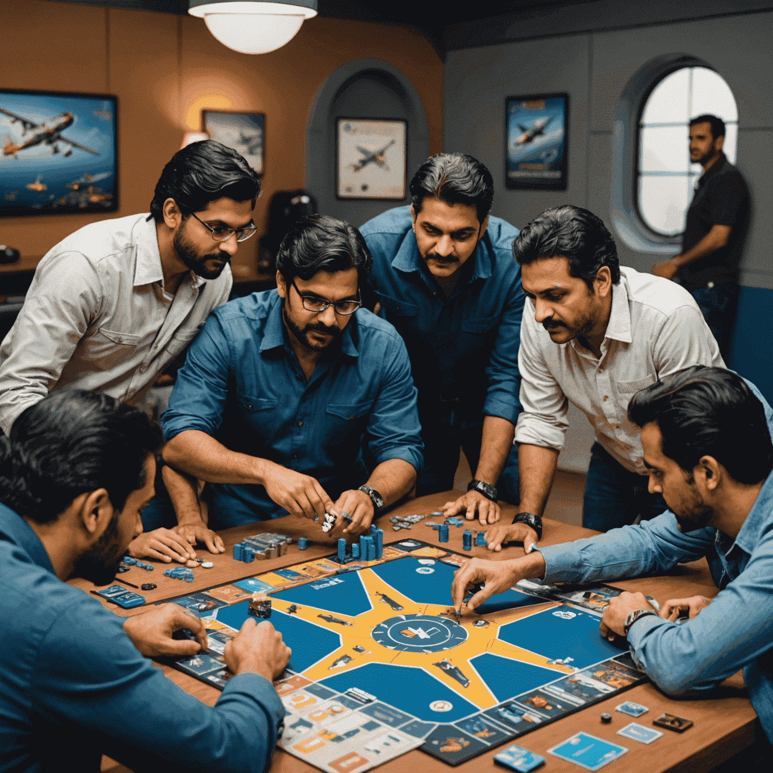 The AviatorGamesPlay team gathered around a table, engrossed in an airplane-themed board game. The image shows a diverse group of individuals, including our founder Captain Rajesh Sharma, analyzing game pieces shaped like various aircraft.