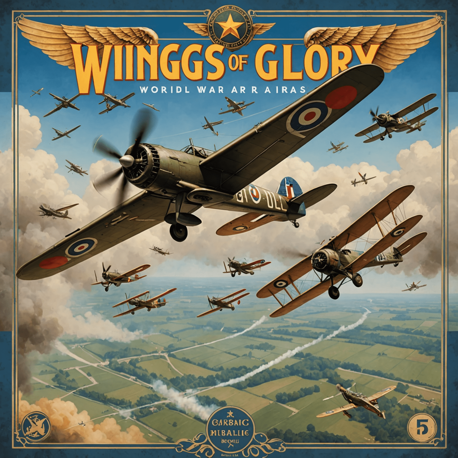 Wings of Glory game box showing vintage World War I airplanes engaged in aerial combat