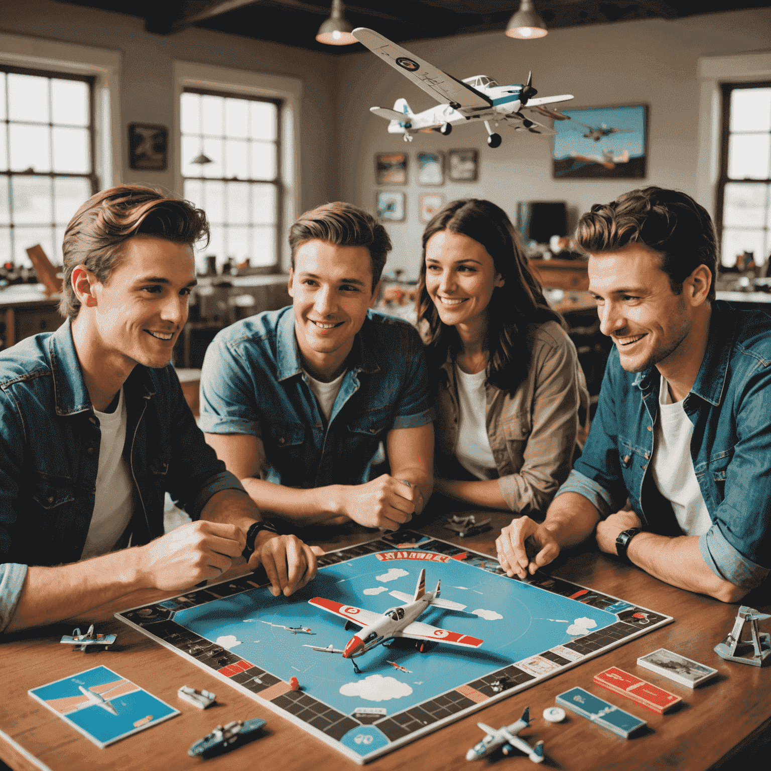 A group of friends gathered around a table playing aviation-themed board games, with model airplanes and flight-related decorations in the background