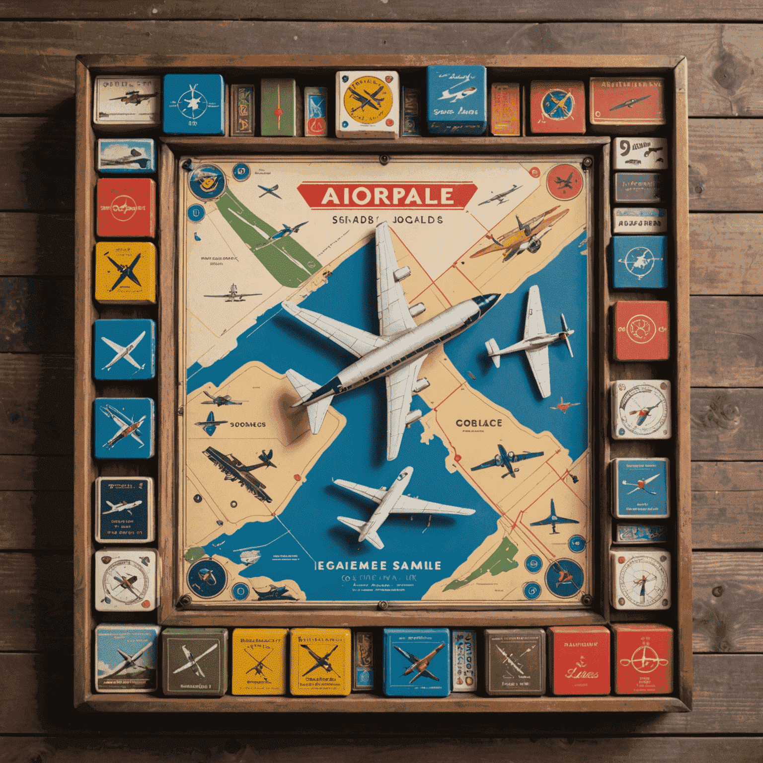 A collection of vintage and modern aviation-themed board games displayed on a wooden table, showcasing the evolution of airplane designs and game mechanics over the decades