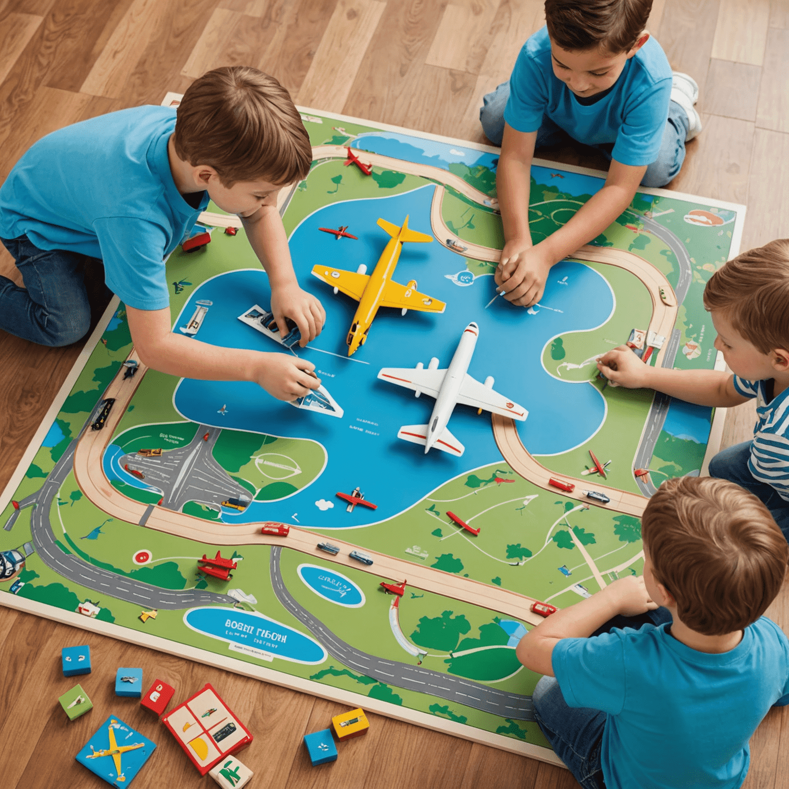 Children playing with colorful airplane-themed board games, featuring miniature planes, airports, and flight paths