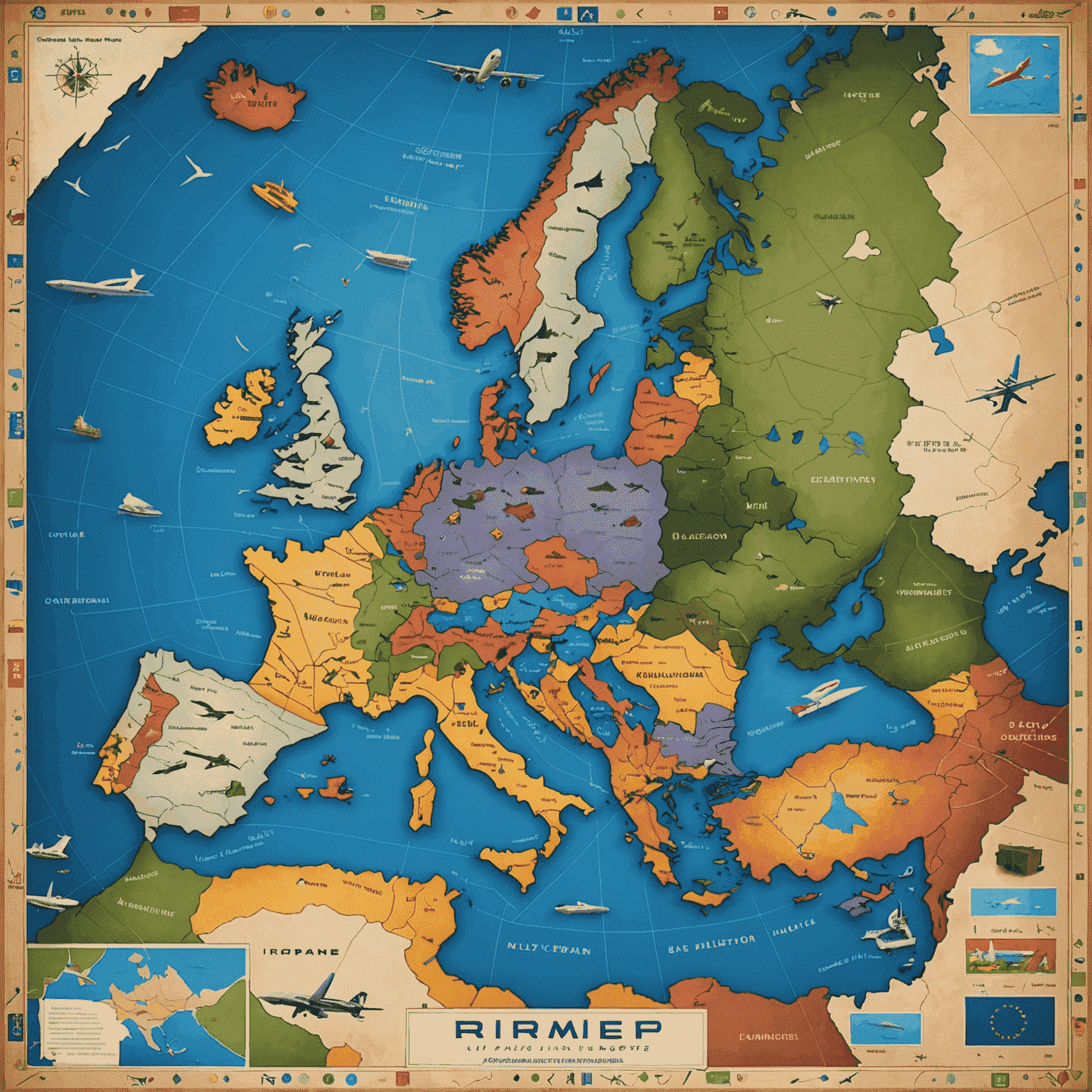 Airlines Europe game board featuring a map of Europe with various airline routes and colorful game pieces