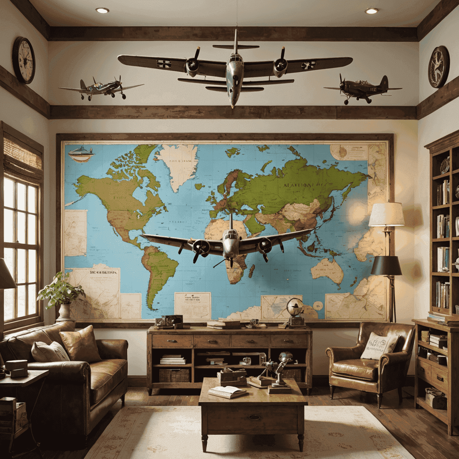 A room decorated with aviation-themed items including model airplanes, maps, and vintage travel posters