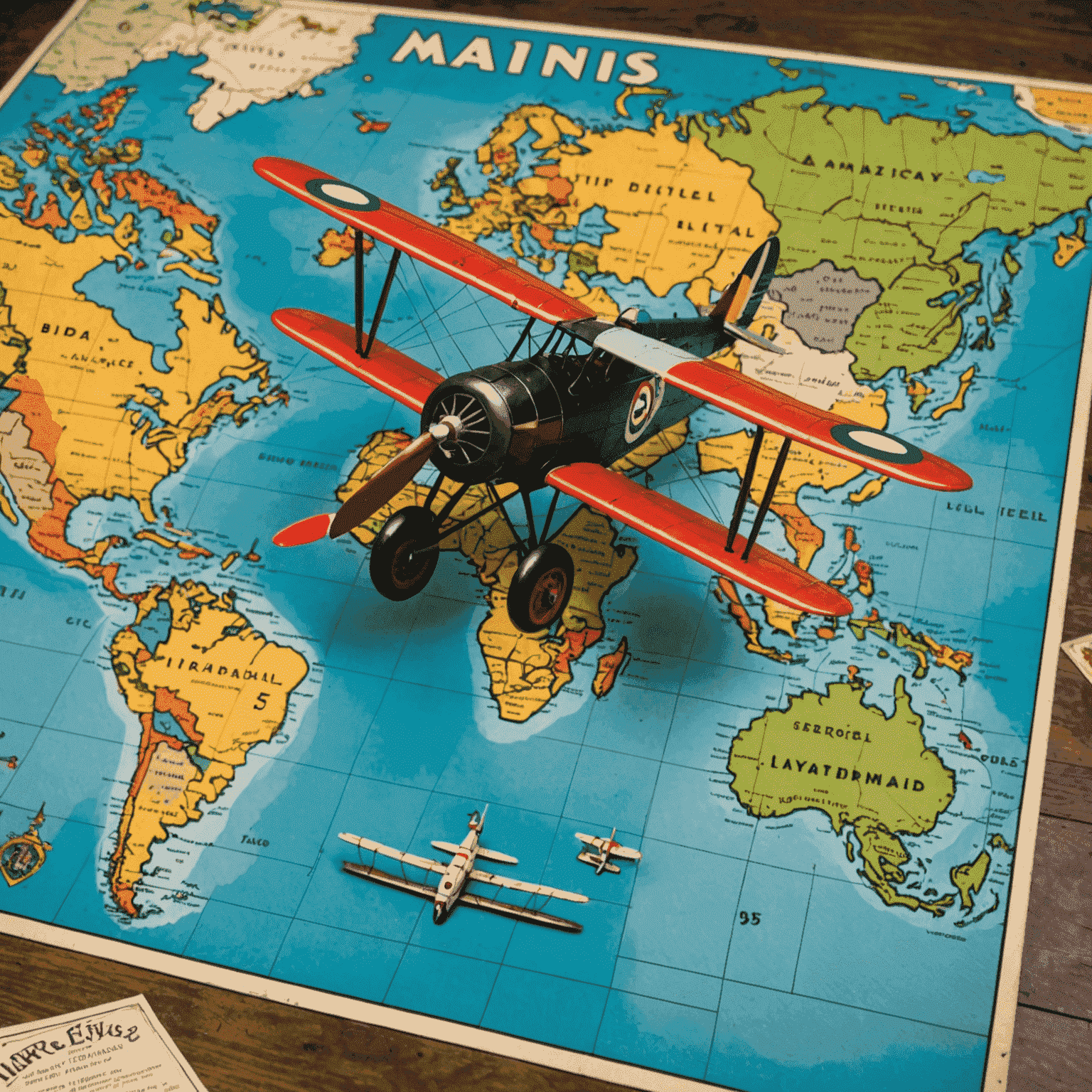 A close-up of a 1930s aviation board game featuring colorful illustrations of biplanes and a map of the world