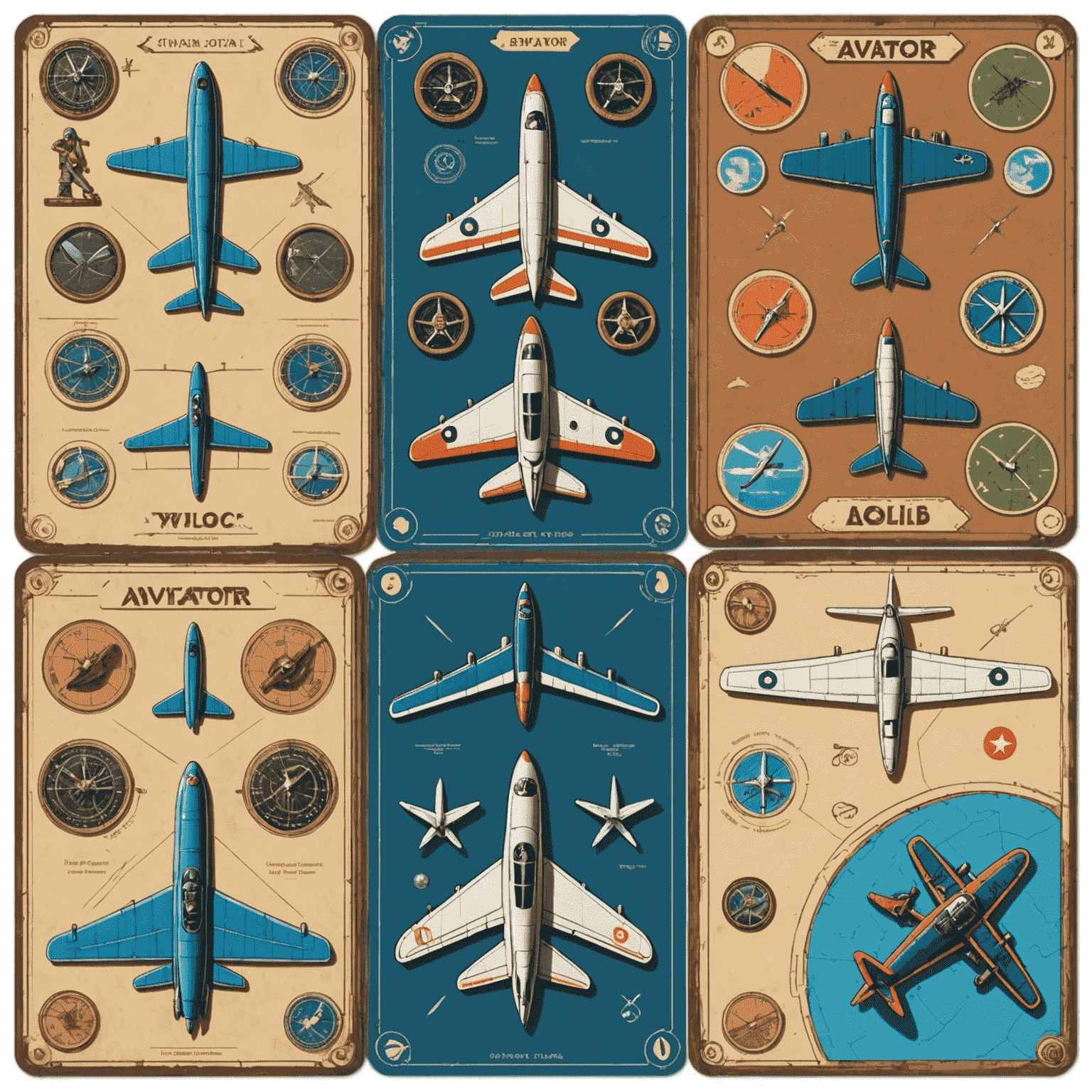 Three different aviator board games laid out, showing increasing complexity from left to right, suitable for different age groups