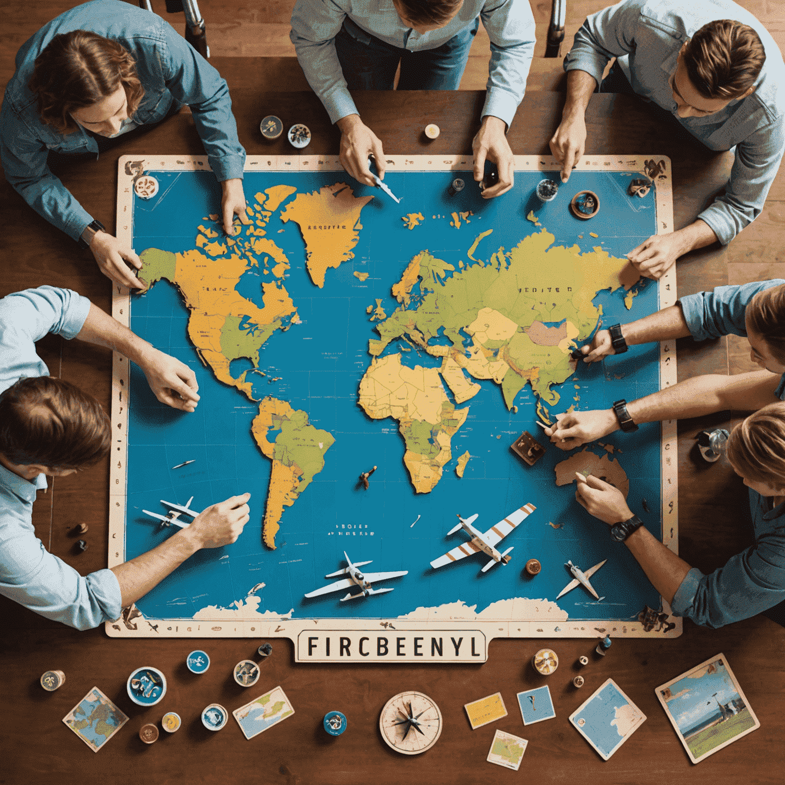 A group of friends playing an aviation-themed board game, with miniature airplanes and a world map game board visible