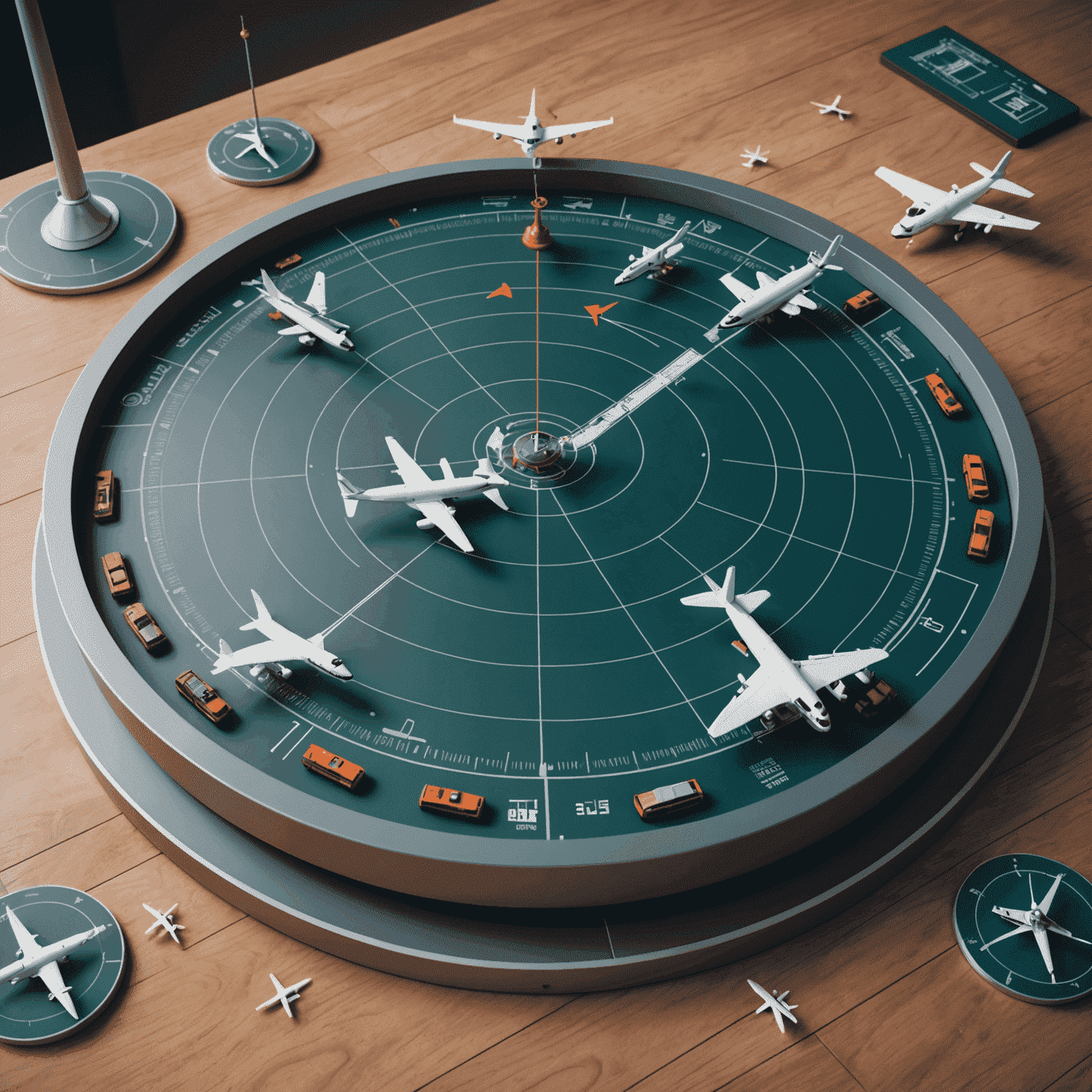 Airport Radar game setup showing a circular radar screen board with miniature airplanes and control tower pieces