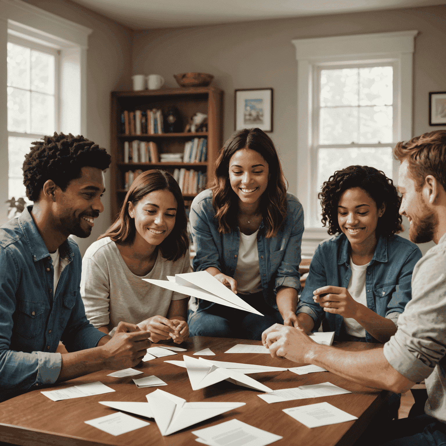 People participating in a paper airplane folding contest during a game night break