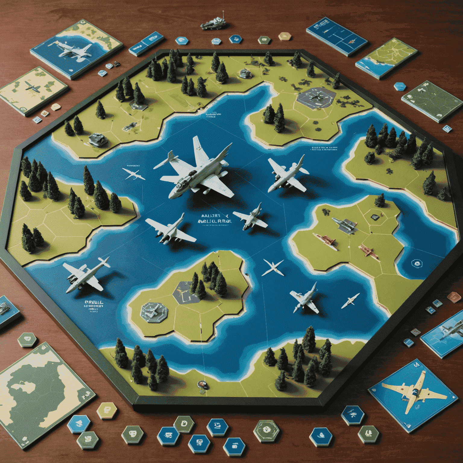 A military aviation board game setup with miniature fighter planes, aircraft carriers, and a hexagonal map representing different altitudes and terrain