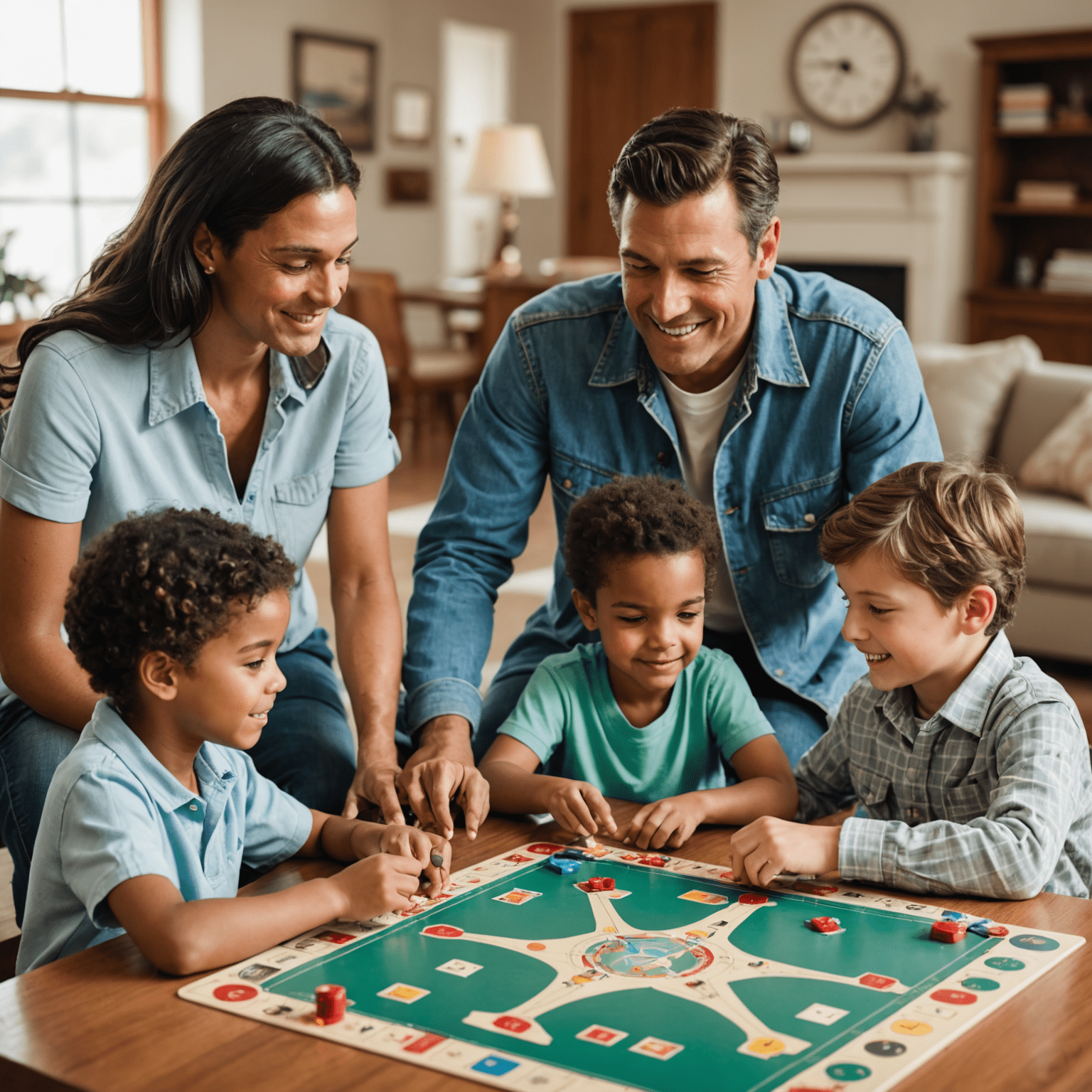 A family playing an aviator board game together, with parents explaining concepts to their children