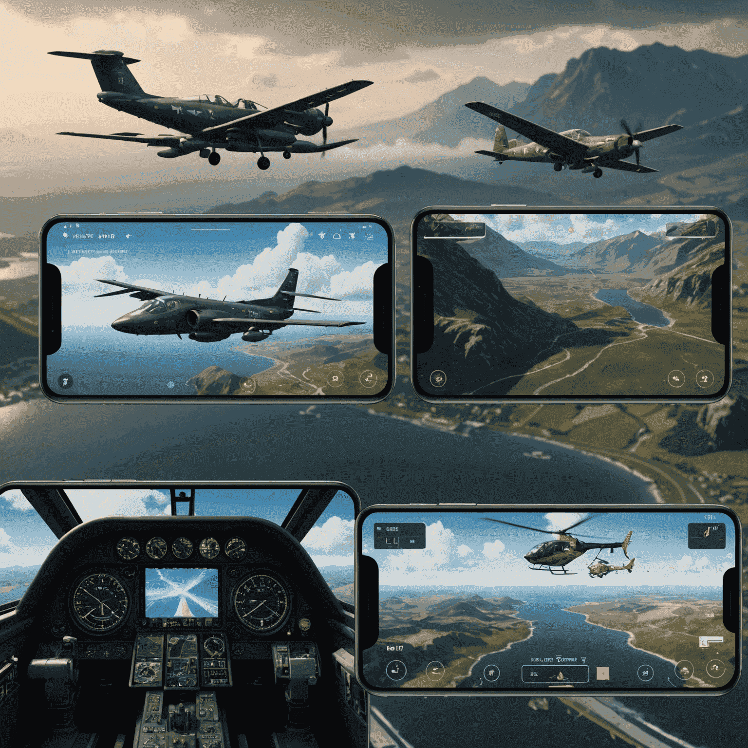 Screenshots of three different digital aviation games on mobile devices, showcasing their user interfaces and gameplay elements