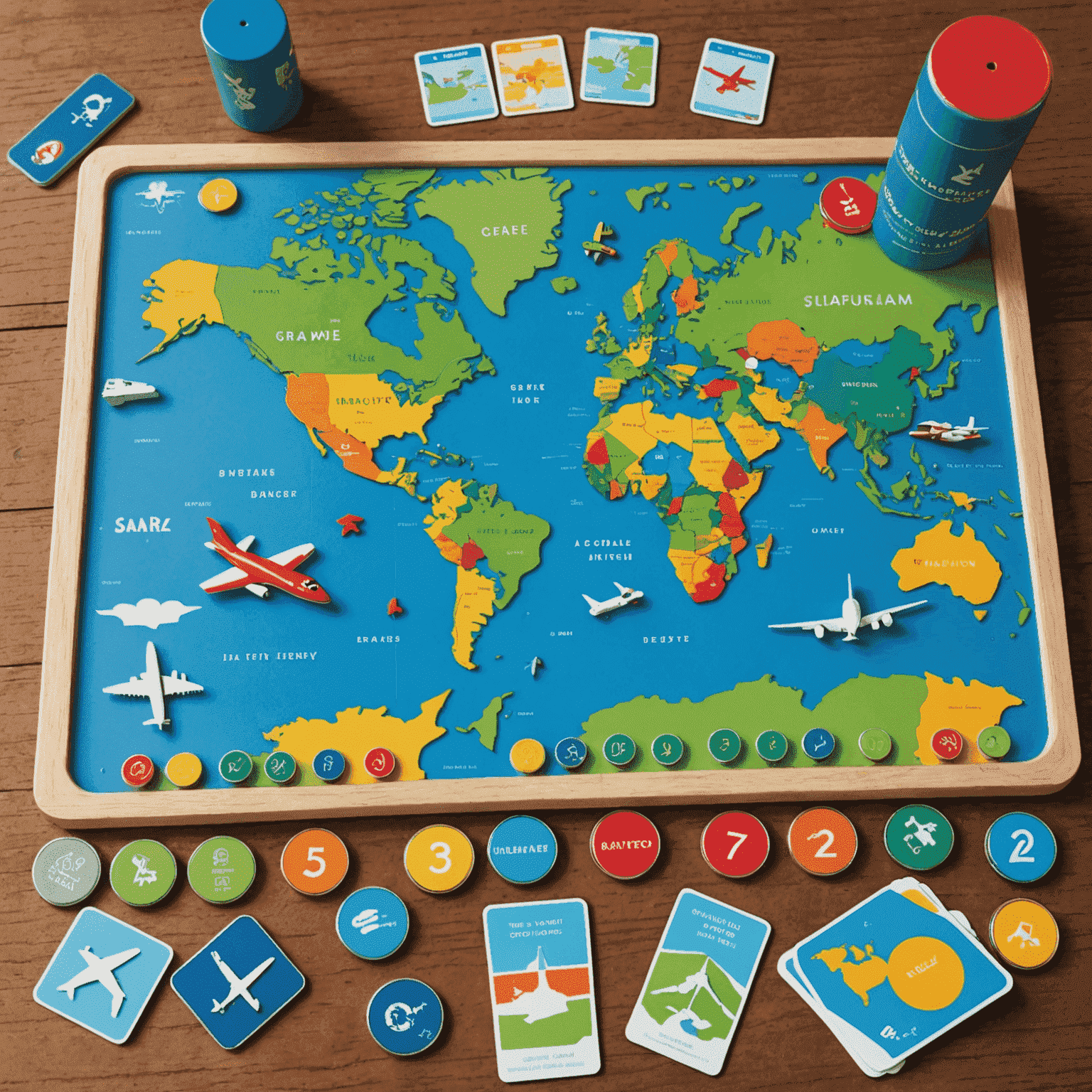 Jet Set game components including a world map board, colorful airplane tokens, and destination cards