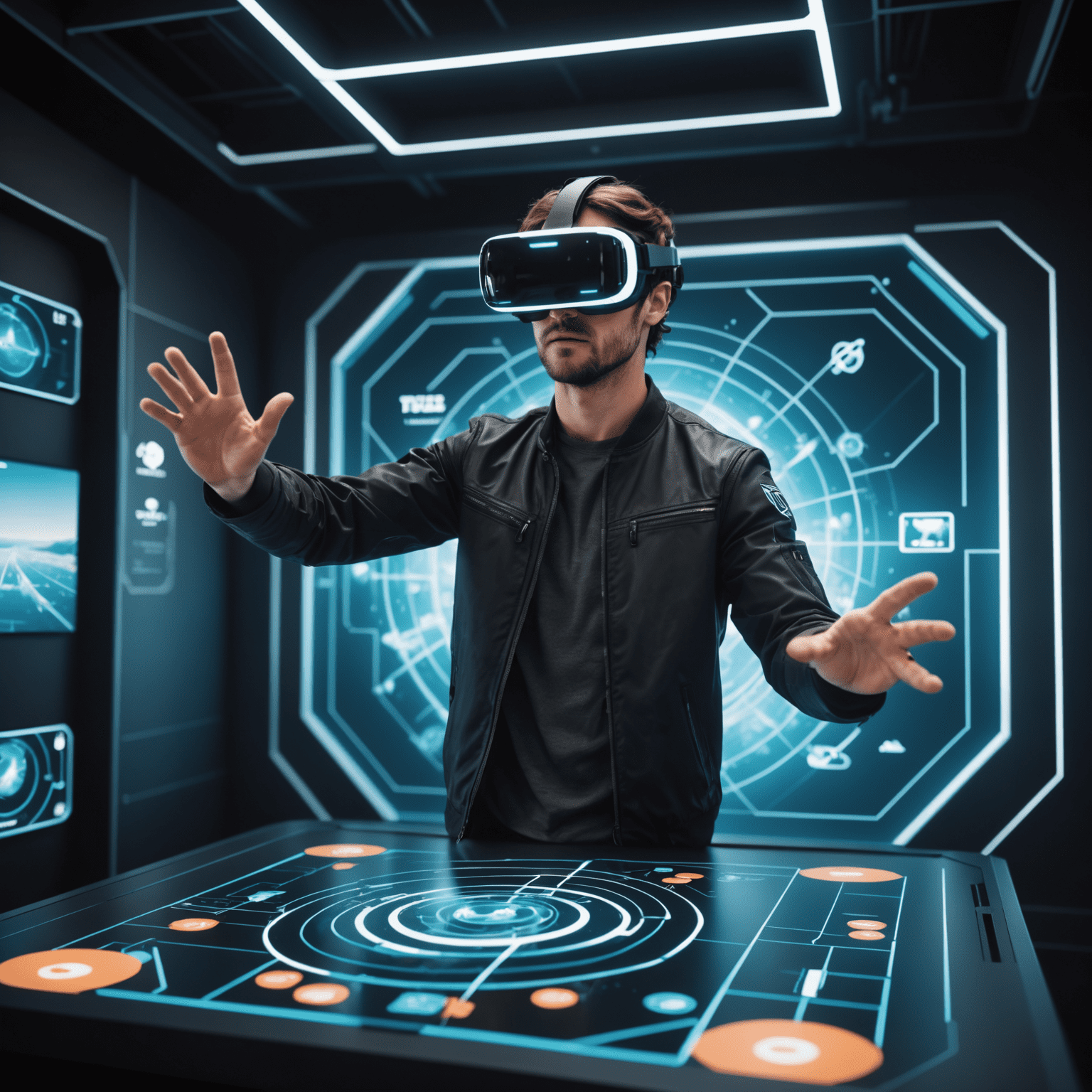 A futuristic concept image showing a person wearing VR goggles, interacting with a holographic aviation game board floating in mid-air