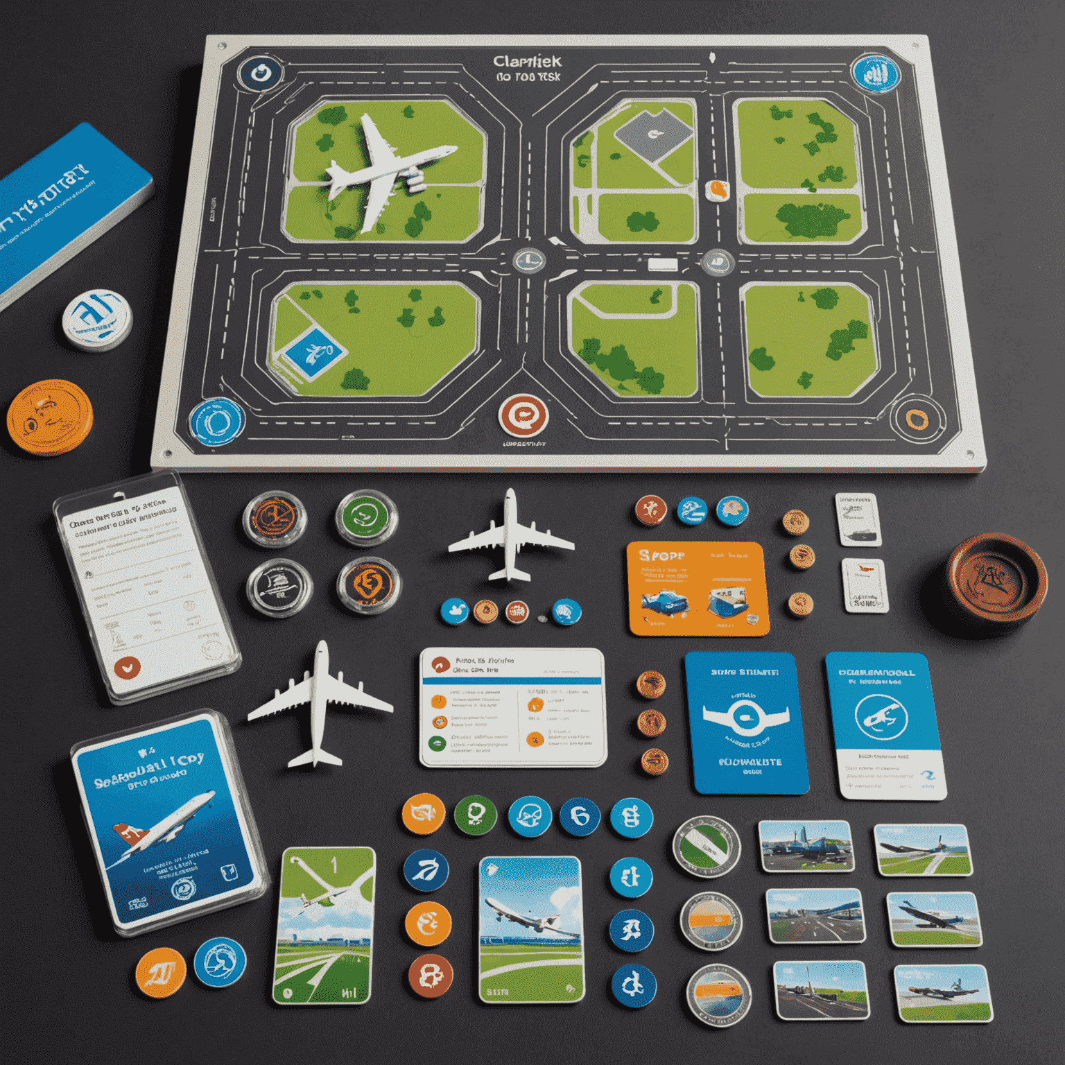 Cleared for Takeoff game box and components showing airport runway layouts, airplane cards, and passenger tokens